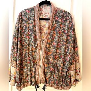 FREE PEOPLE Kimono Jacket 
size XS/S Zip Gray Wildflower Garden  Oversized